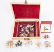 A small box of costume jewellery. Including brooches, bangles, ring, locket, amber necklace, etc.
