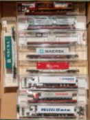 9 Fleischmann HO gauge High Capacity Flat Wagons. 6 with 4-axle bogies, 5 of which have Herpa