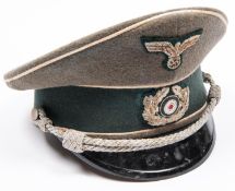 A Third Reich infantry officers SD cap, alloy wire insignia and chin strap, marked inside with