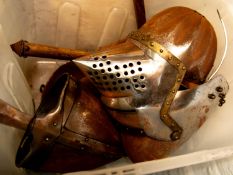 A quantity of theatrical reproduction armour, comprising bascinet close helmet, war hammer,