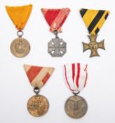 Five Austro Hungarian medals: Austrian Tyrol campaign, 1914-18; Austrian 1914-18 War Medal; Austro