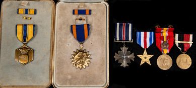 USA: Air Medal in official case of issue with riband bar and lapel ditto; Military Merit medal as