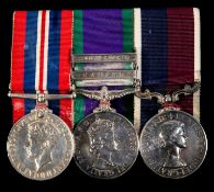 Three: WWII War medal, GSM 1962, 2 clasps Radfan, South Arabia (clasps without rivets); RAF LS & GC,