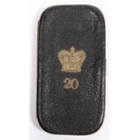 A gilt brass mounted leather card case, the front mounted with Victorian crown over "20". GC,