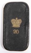 A gilt brass mounted leather card case, the front mounted with Victorian crown over "20". GC,
