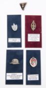 Five Third Reich small pin back badges: NSKOV membership badge, by "Deschler, Munchen"; NSRKB