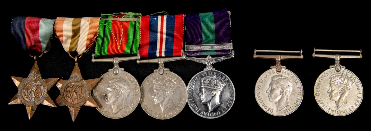 Seven: 1939-45 star, Italy star, Defence, War, GSM 1918, 1 clasp Palestine 1945-48 (14437235 Sjt I H