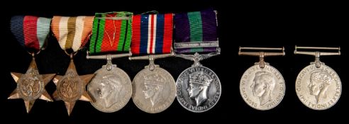 Seven: 1939-45 star, Italy star, Defence, War, GSM 1918, 1 clasp Palestine 1945-48 (14437235 Sjt I H