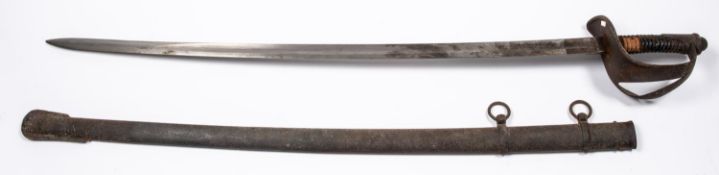 A 19th century Prussian cavalry sword, 35" single edged curved blade stamped "S&P", steel guard,