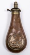 A copper powder flask of the sporting type, embossed with hounds. GC (spring missing). £30-40