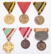 Six Austro-Hungarian medals: medal for 2nd December 1873; Franz Joseph bronze bravery medal with