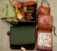 A leather cartridge bag with strap, two other leather bags, a military webbing bag, a large canvas