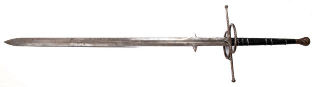 A good quality copy of a large double handed mediaeval sword, 47" double edged blade with armourer's