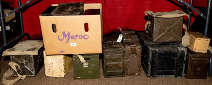 A WWII signalling lamp, 2 vehicle Red Cross boxes; 2 ration boxes; 9 other boxes, various. Generally