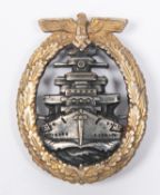 A Third Reich High Seas Fleet War badge, grey with gilt wreath, the reverse marked "FEC. ADOLF BOCK/