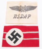 A linen armband, with black printed Luftschutz logo over "NSDAP", with rubber stamp; and an NSDAP