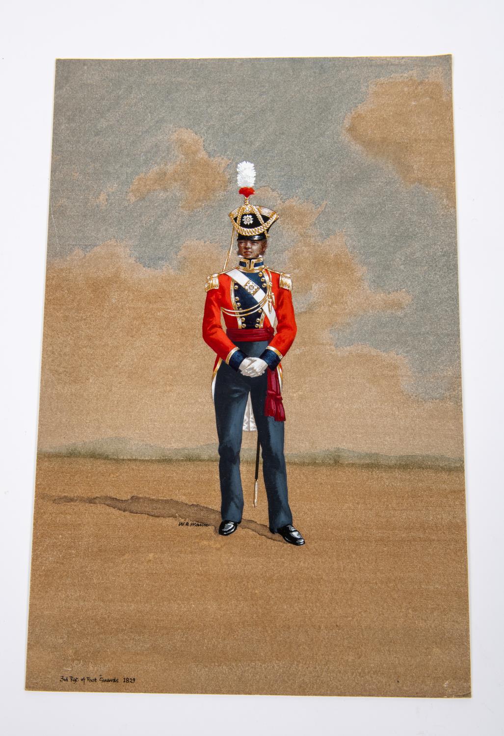 A watercolour painting of an officer in the 3rd Foot Guards, c 1820, 14½" x 10", signed W.A. Mann. - Image 3 of 4