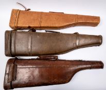 An old leather leg-o-mutton gun case, for a gun with 28" barrels, with brass lock (with key), and