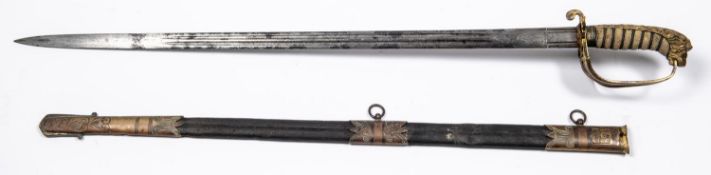 An early Victorian RN officer's sword, 29½", "Claymore" style double fullered blade etched with
