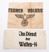 A white linen armband, with black printed "Im Dienst der Waffen SS" and another with "Deutscher