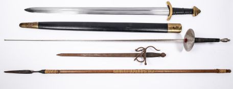A theatrical mediaeval type sword, DE blade 30", hilt and scabbard brass mounted black leather. A