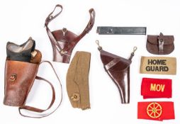 A WWII RE ORs FS cap; a Home Guard arm band; an officer's revolver holster, ammunition pouch and