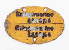 A Third Reich Kriegsmarine gold anodised aluminium identity disc, stamped "Kriegsmarine/S316A6" (