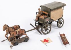 Elastolin Lineol Horse drawn Tin plate WW1 Ambulance. Pulled by 2 Horses on wooden bases with 4