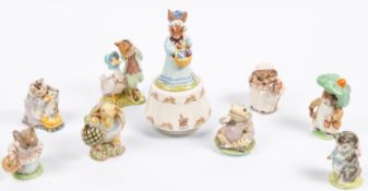 7x Beswick Beatrix Potter figures. Jeremy Fisher (1950). Mrs. Tittlemouse (1948). Tabitha Twitchit