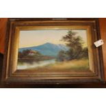 A pair of 19th century oil paintings on board. Both landscape scenes with blue mountains in the