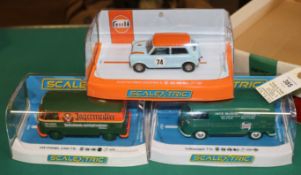 3x new issue Scalextric Volkswagens and a Racing car. 2x Volkswagen Vans, Type 1B, 'Jagermeister'