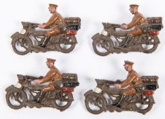 4x Britains WW! British Army Motorcycle Despatch Riders. Set 200. All with fixed wheels and all