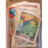 4x boxes of comics and fan magazines. Including; a box of 1970s-80s copies of 2000AD. DC and