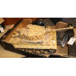 A radio controlled Heng Long WW2 German Tiger Tank. In Desert camouflage livery. 51cm overall