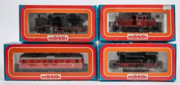 4x Marklin HO gauge 3-rail locomotives. A DB 0-6-0 diesel loco (3065), 260 417-1, in red. An OBB