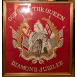 A framed Diamond Jubilee banner of Queen Victoria, 27" x 24", printed on cloth; a Boer War