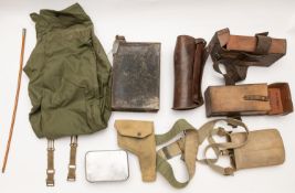 A 1937 pattern water bottle and brace extentions, waistbelt and pistol holster, pair of leather