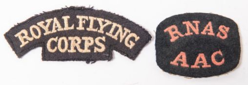 2 scarce WWI cloth titles, ROYAL FLYING CORPS and R.N.A.S. A.A.C. £50-60