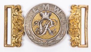 A Victorian officer's waist belt clasp, the centre with crown over "VR", the circle with initials "