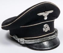 A Third Reich Allgemeine SS officer's black SD cap, white piping, alloy eagle and skull badges,