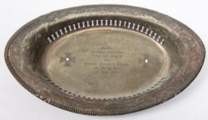 A Third Reich WM oval galleried mess tray, inscribed with presentation inscription. GC £150-175