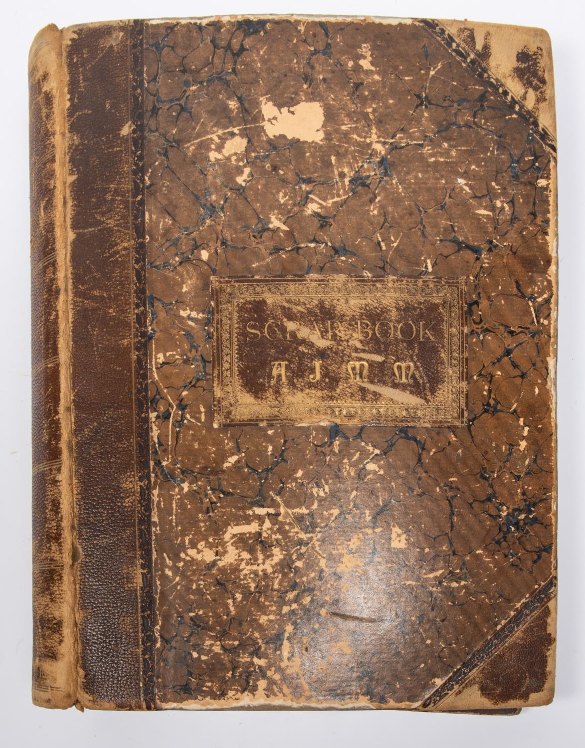 A very large Victorian scrapbook, 16" x 13", cover stamped in gilt "Scrapbook A.J.M.M.", 132