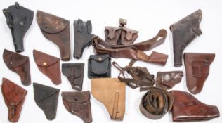 A quantity of military leather equipment, comprising: 3 revolver holsters, 3 automatic holsters, 8