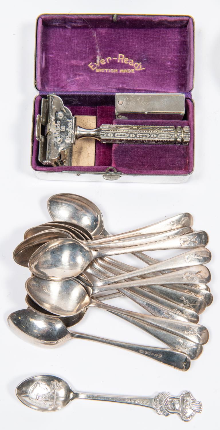 A prismatic compass by Stanley, London, 1918; a set of 14 plated teaspoons with crossed rifles on - Image 3 of 6