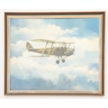 A modern oil on board of a WWI bi-plane, by Champion, signed in the bottom corner, 22" x 18", VGC £