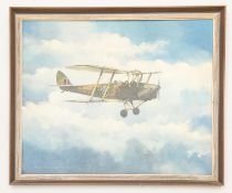 A modern oil on board of a WWI bi-plane, by Champion, signed in the bottom corner, 22" x 18", VGC £