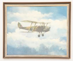 A modern oil on board of a WWI bi-plane, by Champion, signed in the bottom corner, 22" x 18", VGC £