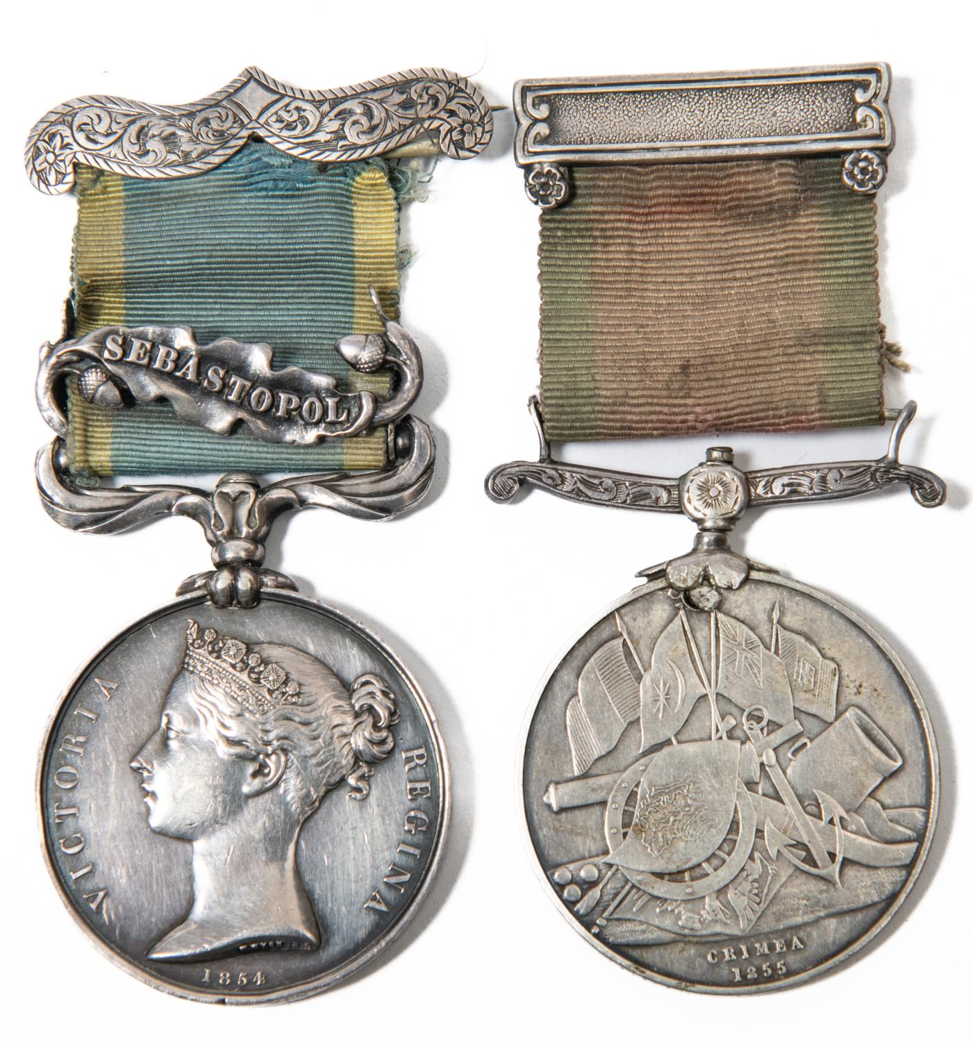 Pair: Crimea 1854, 1 clasp Sebastopol (engraved 1195 Serjt William Goddard L.T.C. naming worn/