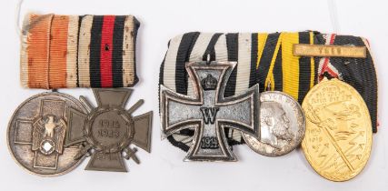 German WWI medal trio: 1914 Iron Cross 2nd class, Wilhelm II Military Merit medal, and