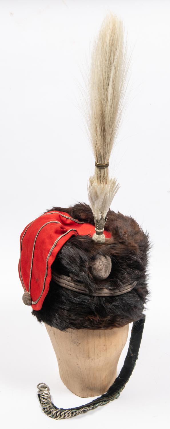 A good officer's sable busby of the West Somerset Yeomanry, c 1880, silver lace trimmed scarlet